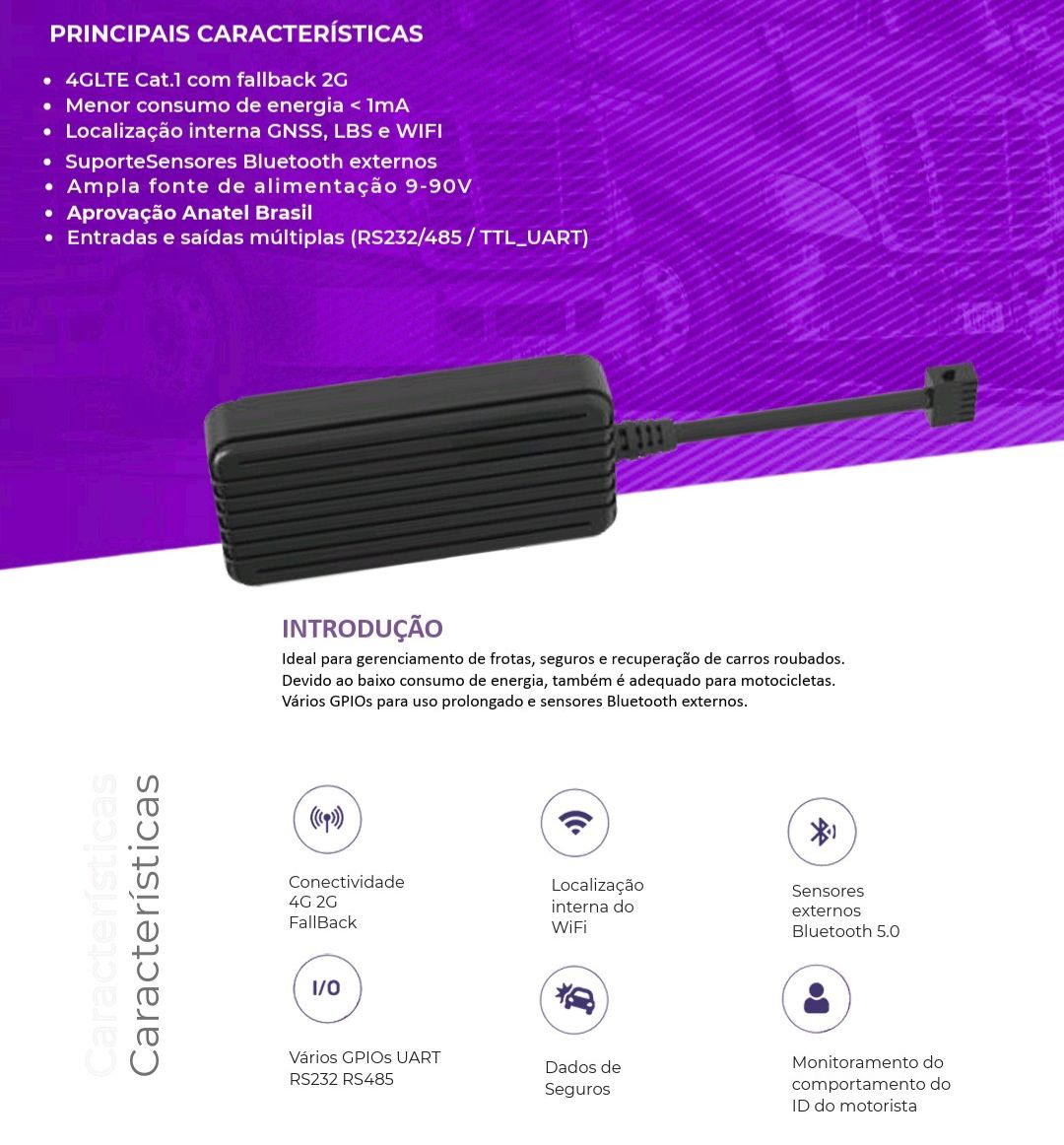 Frotalink RP300R — principais características: 4G LTE Cat.1 com fallback 2G, baixo consumo, GNSS, sensores Bluetooth, alimentação 9-90V e aprovação Anatel