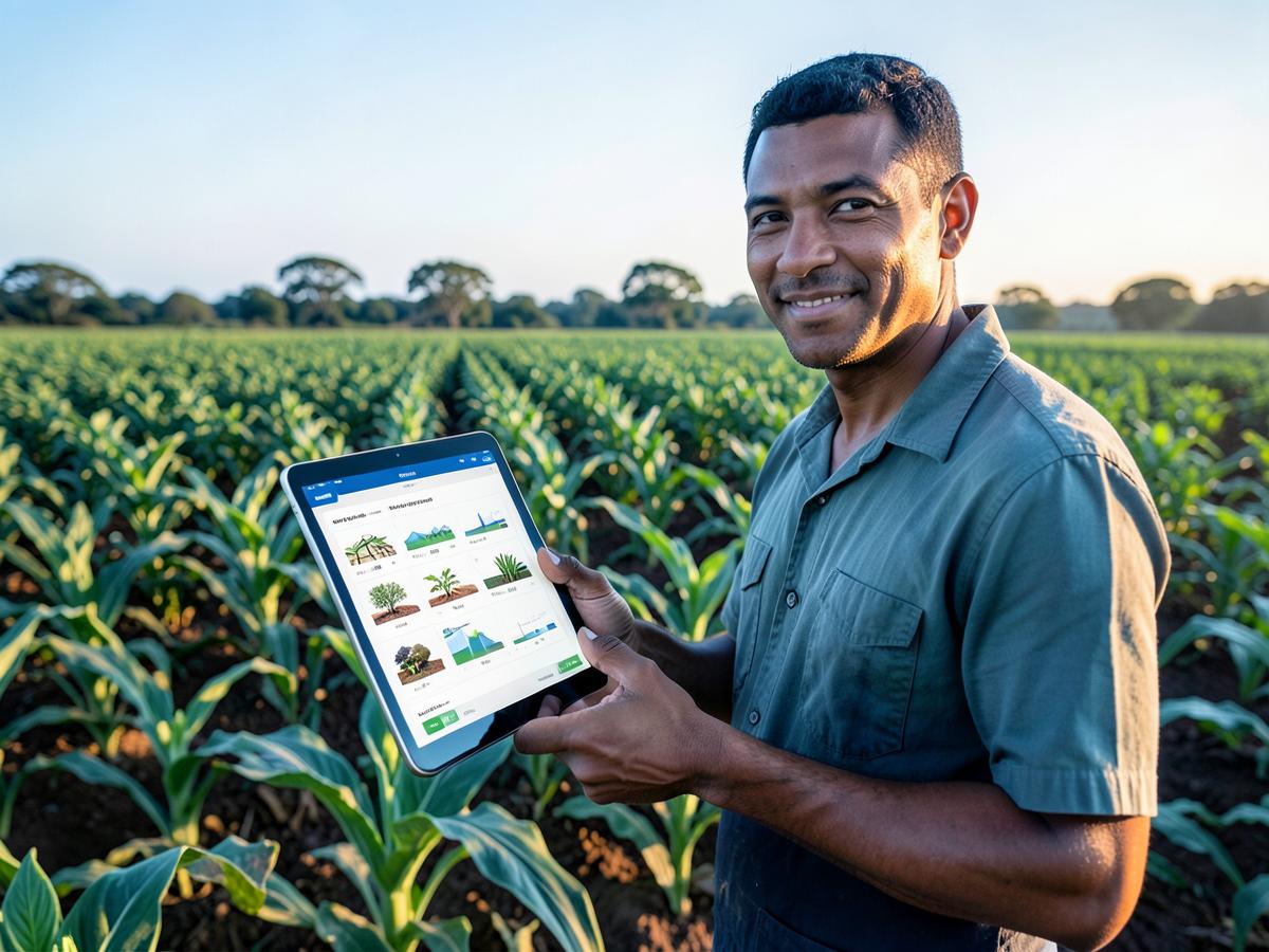 Produtor rural acompanhando dados da lavoura em um tablet